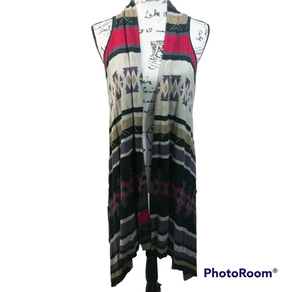 Como Vintage Open Front Longline Tribal Print Coverup Vest Cardigan M